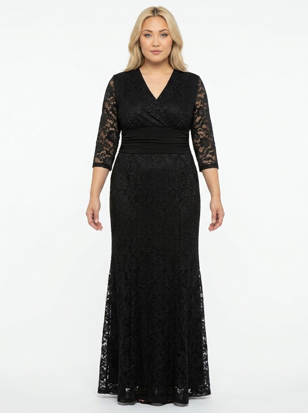 Kiyonna Made in USA Black Sheath Maxi Lace Ruched Dress Women Size 3